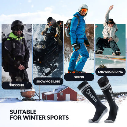 Collage of winter sports activities with people wearing Qunature socks.