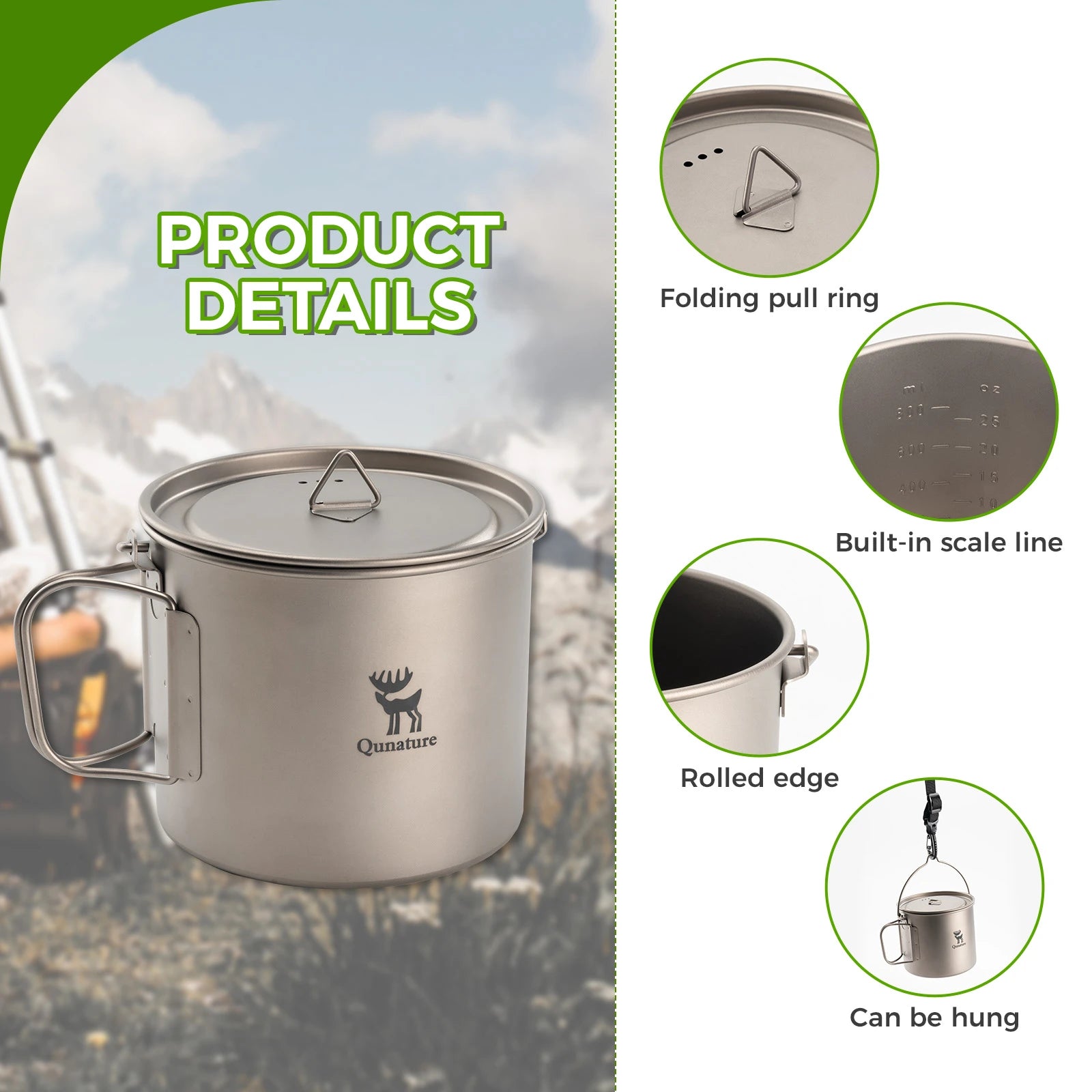 Stainless steel mug with product details on a scenic background