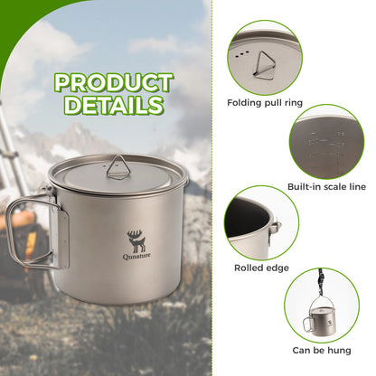 Stainless steel mug with product details on a scenic background