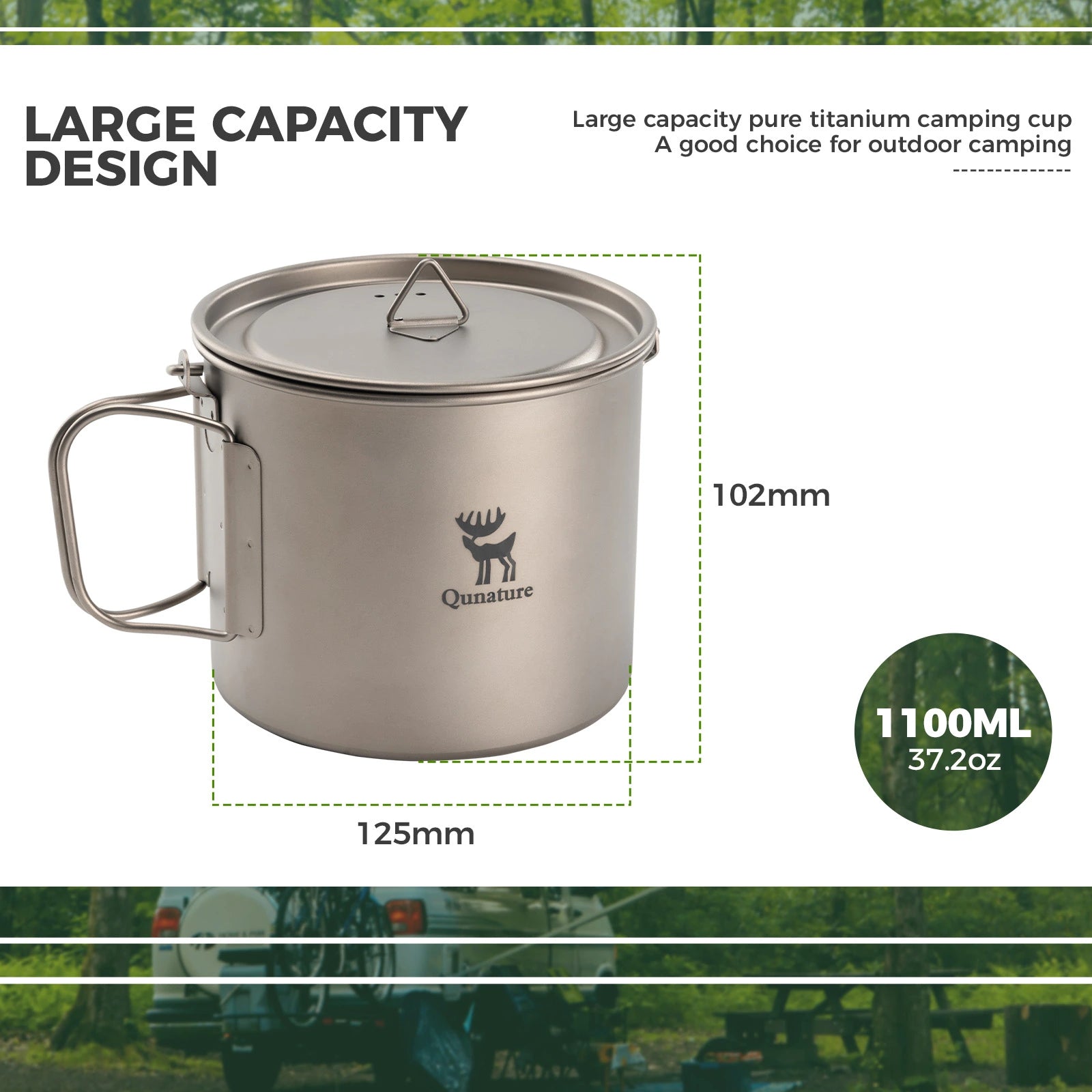 Titanium camping cup with lid, dimensions, and capacity details on a green outdoor background