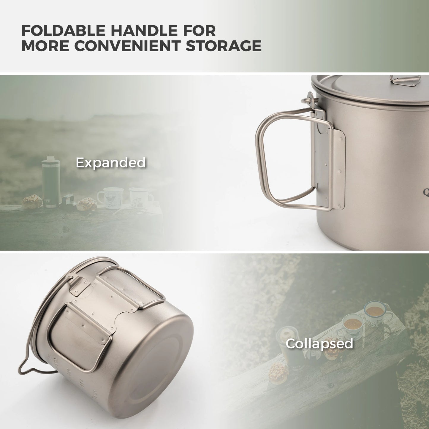 Foldable handle on a camping pot with expanded and collapsed views.
