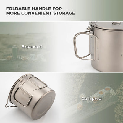 Foldable handle on a camping pot with expanded and collapsed views.