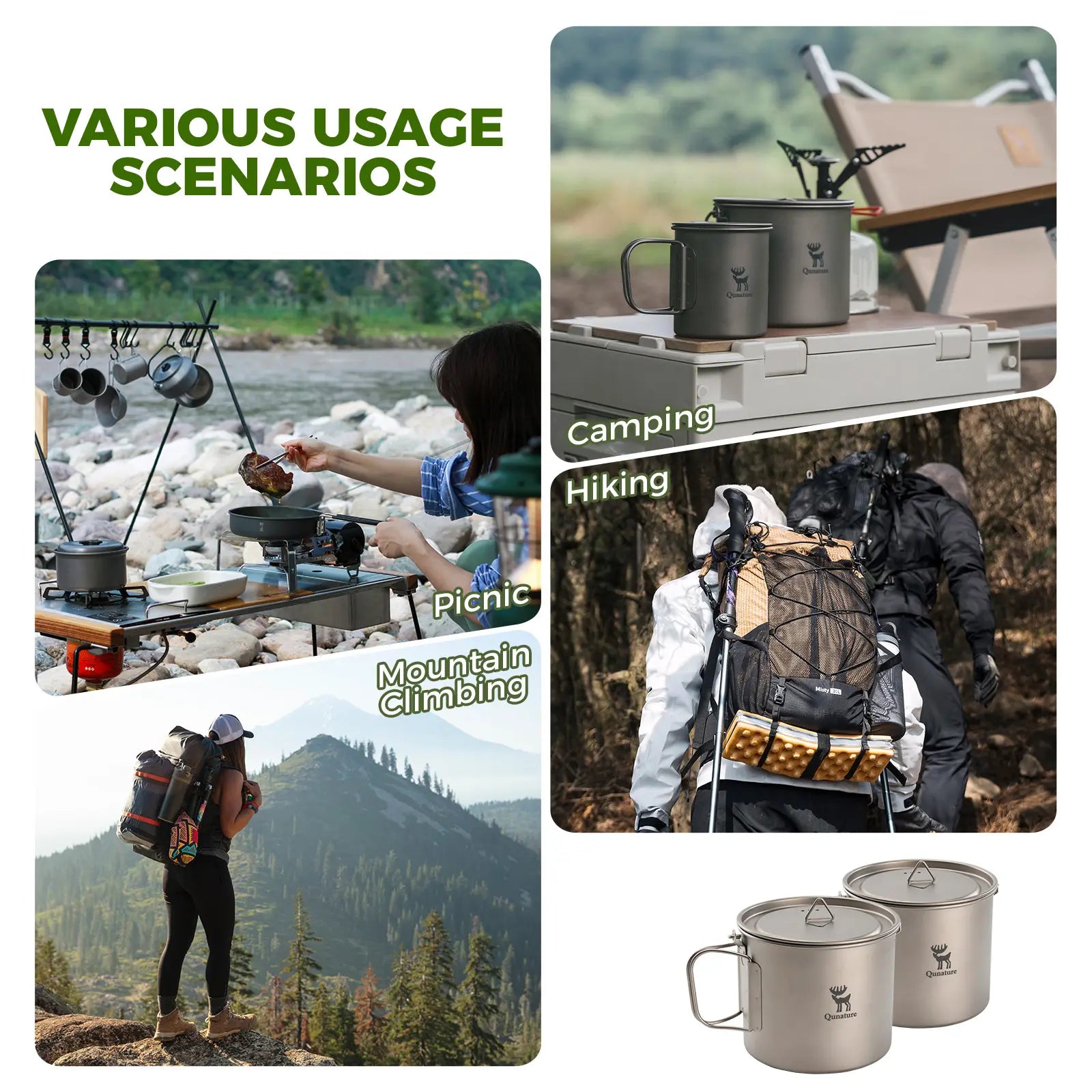 Collage of camping scenarios with outdoor equipment, including hiking, mountain climbing, and picnicking.