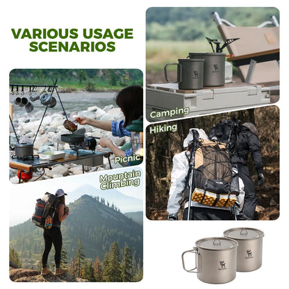 Collage of camping scenarios with outdoor equipment, including hiking, mountain climbing, and picnicking.