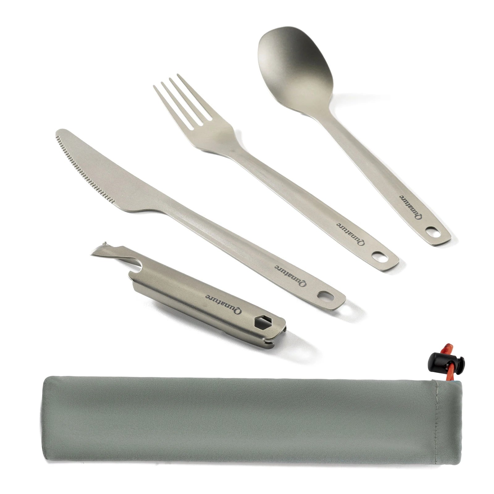 Set of camping cutlery with knife, fork, spoon, and tool in a carrying case on a white background