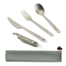 Set of camping cutlery with knife, fork, spoon, and tool in a carrying case on a white background