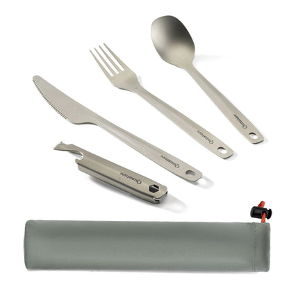Set of camping cutlery with knife, fork, spoon, and tool in a carrying case on a white background