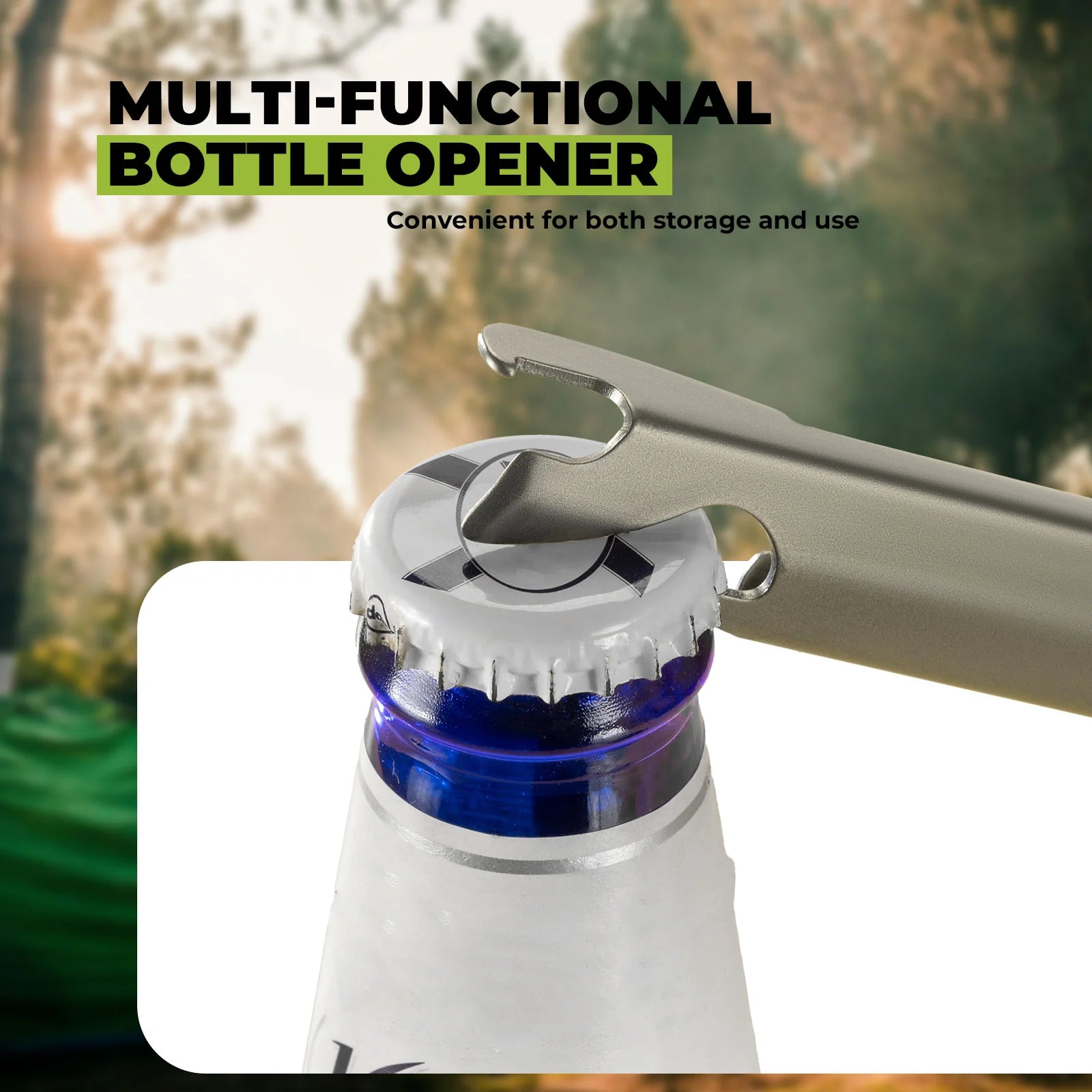Multi-functional bottle opener with a blurred outdoor background