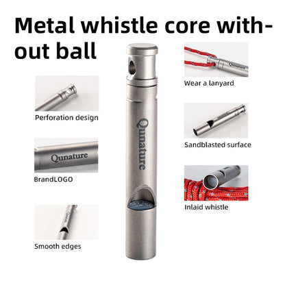 Metal whistle core with perforation design, sandblasted surface, and lanyard feature on a white background.