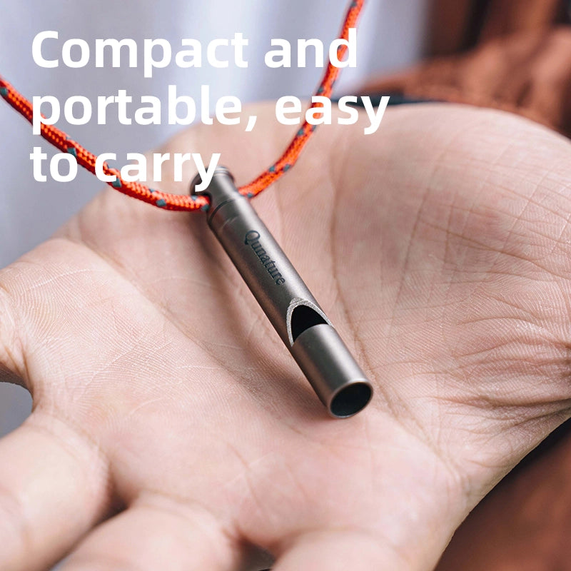 Small metal whistle with red cord held in a hand, text 'Compact and portable, easy to carry' above.