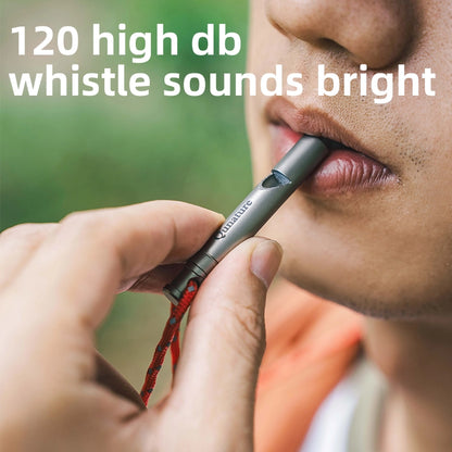 Person holding a whistle with text indicating high decibel level