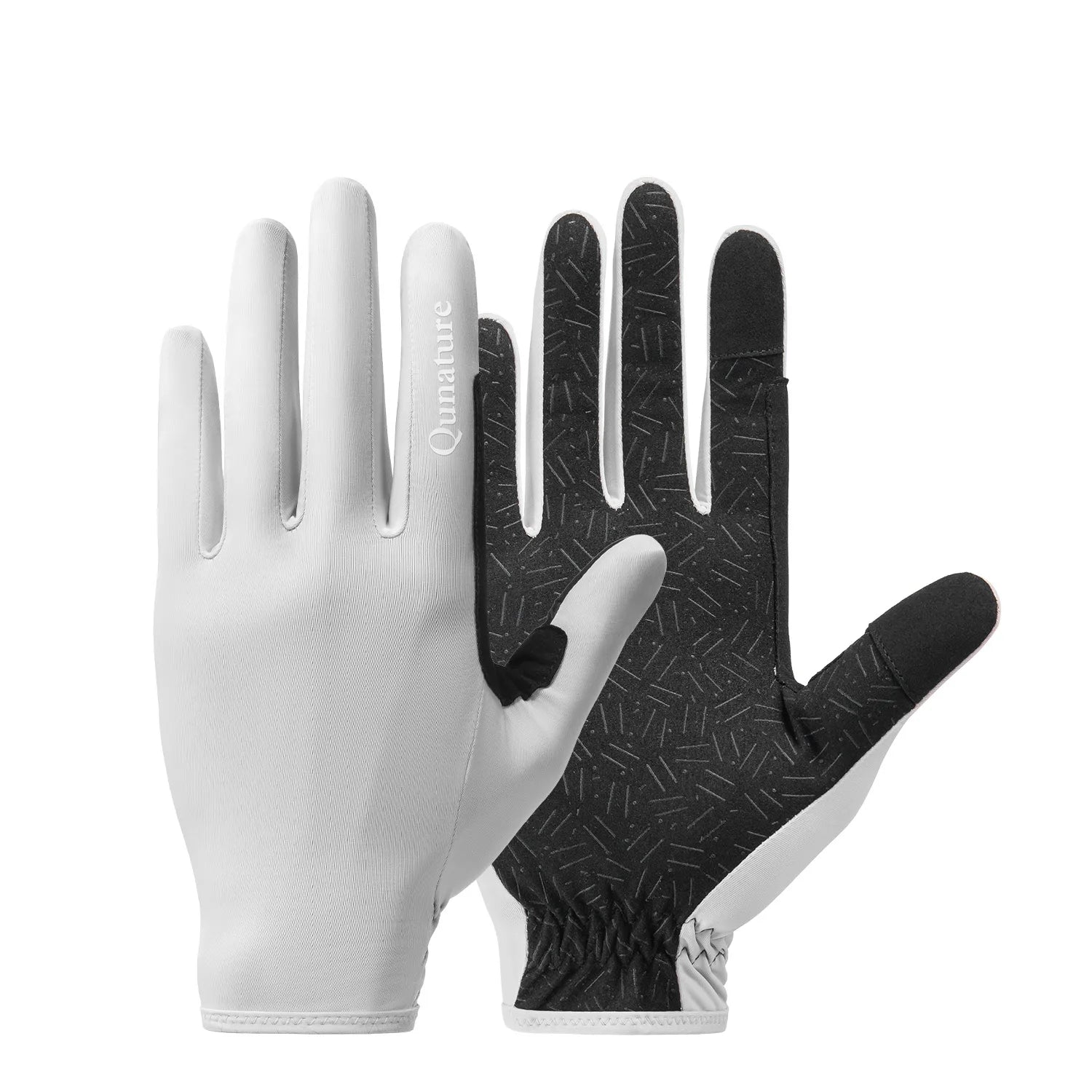 A pair of white and black winter gloves shown against a plain white background. One glove is oriented palm-up in white, and the other is palm-down in black with a subtle geometric pattern.