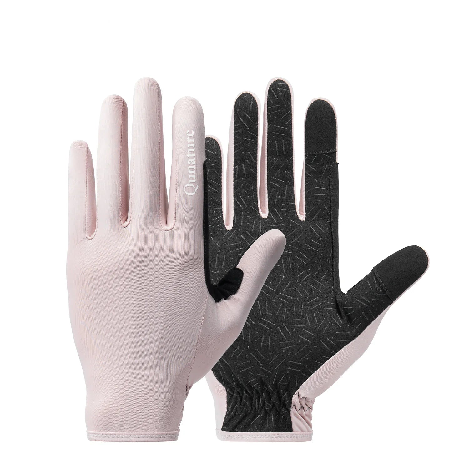 A pair of light pink and black gloves shown against a plain white background. One glove is oriented palm-up, showing a smooth light pink surface with the brand name 'Qunature' printed vertically, while the other glove is palm-down, showing a black textured grip pattern on the back of the hand.