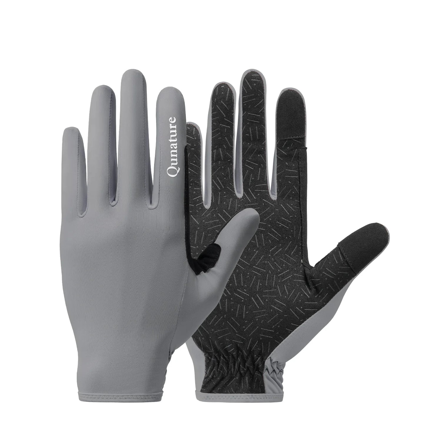 A pair of gray and black outdoor gloves shown against a plain white background, with one glove displaying the back of the hand in solid gray and the other showing the palm side with a black textured grip pattern and the brand name 'Qunature' printed vertically.