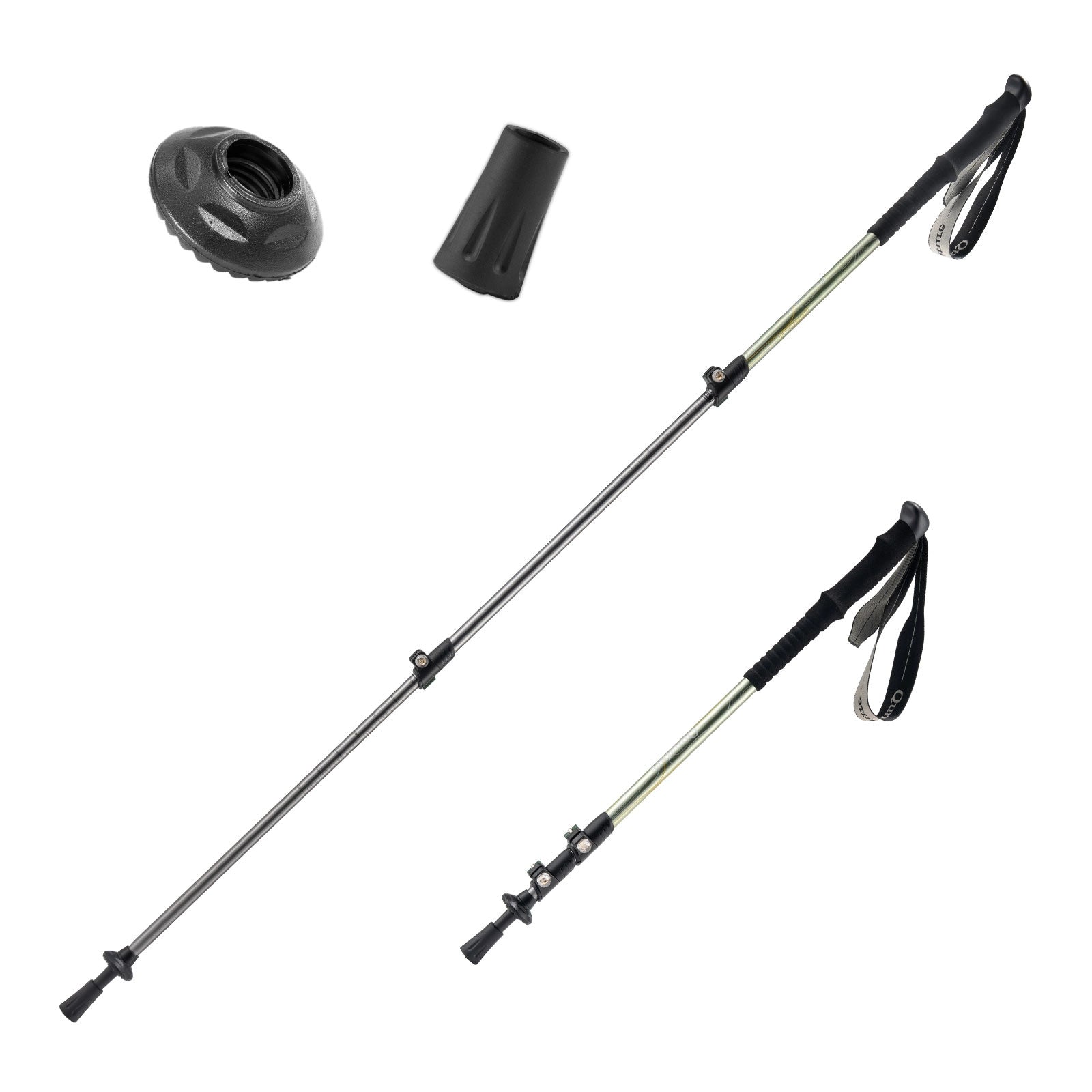 Two black hiking poles with adjustable components on a white background