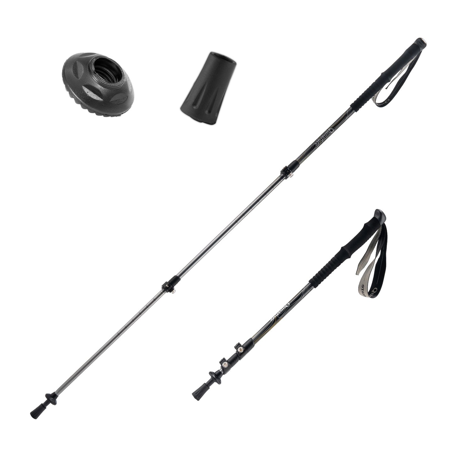 Two black hiking poles with accessories on a white background