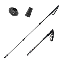 Two black hiking poles with accessories on a white background