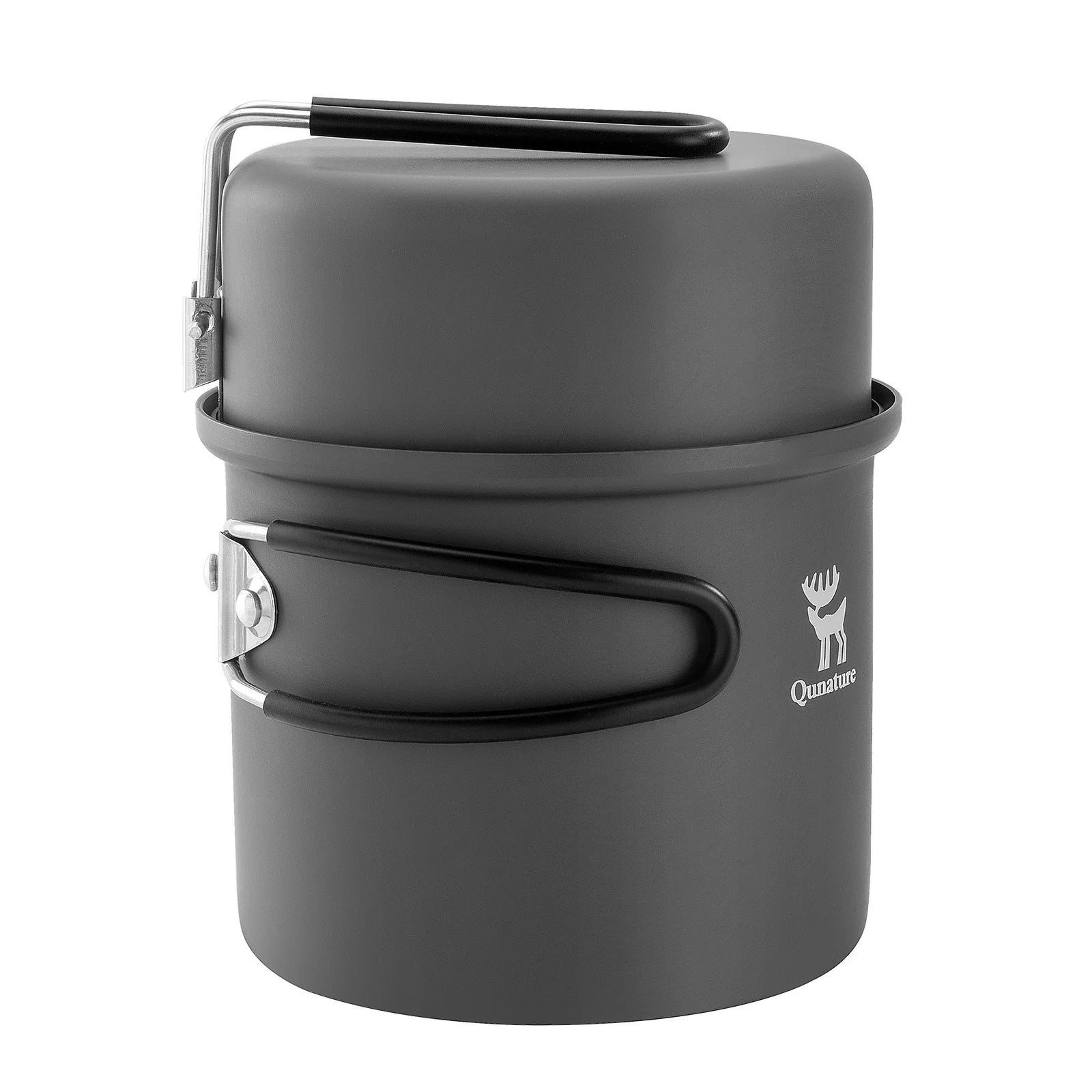 Gray camping cookware set with black handles on a white background, featuring the Qunature brand logo.