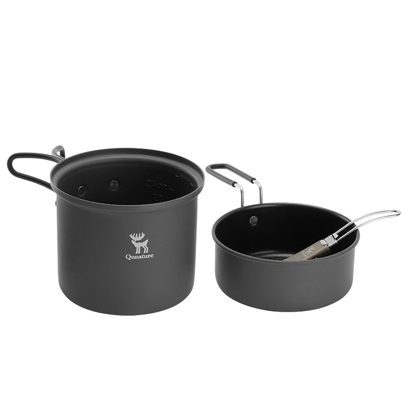 Black camping cookware set with a brand logo on a white background