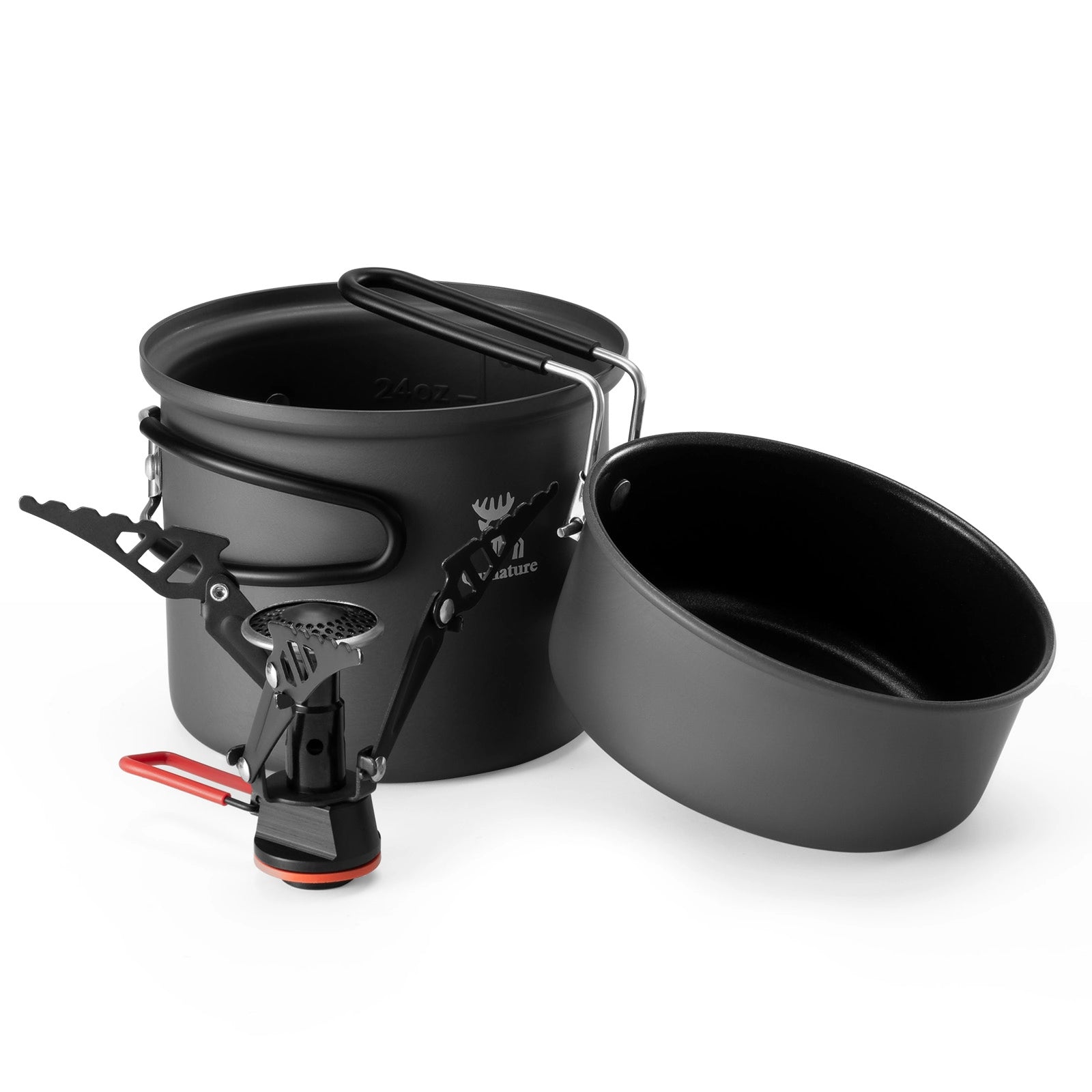 Black camping cookware set with a pot, pan, and stove on a white background