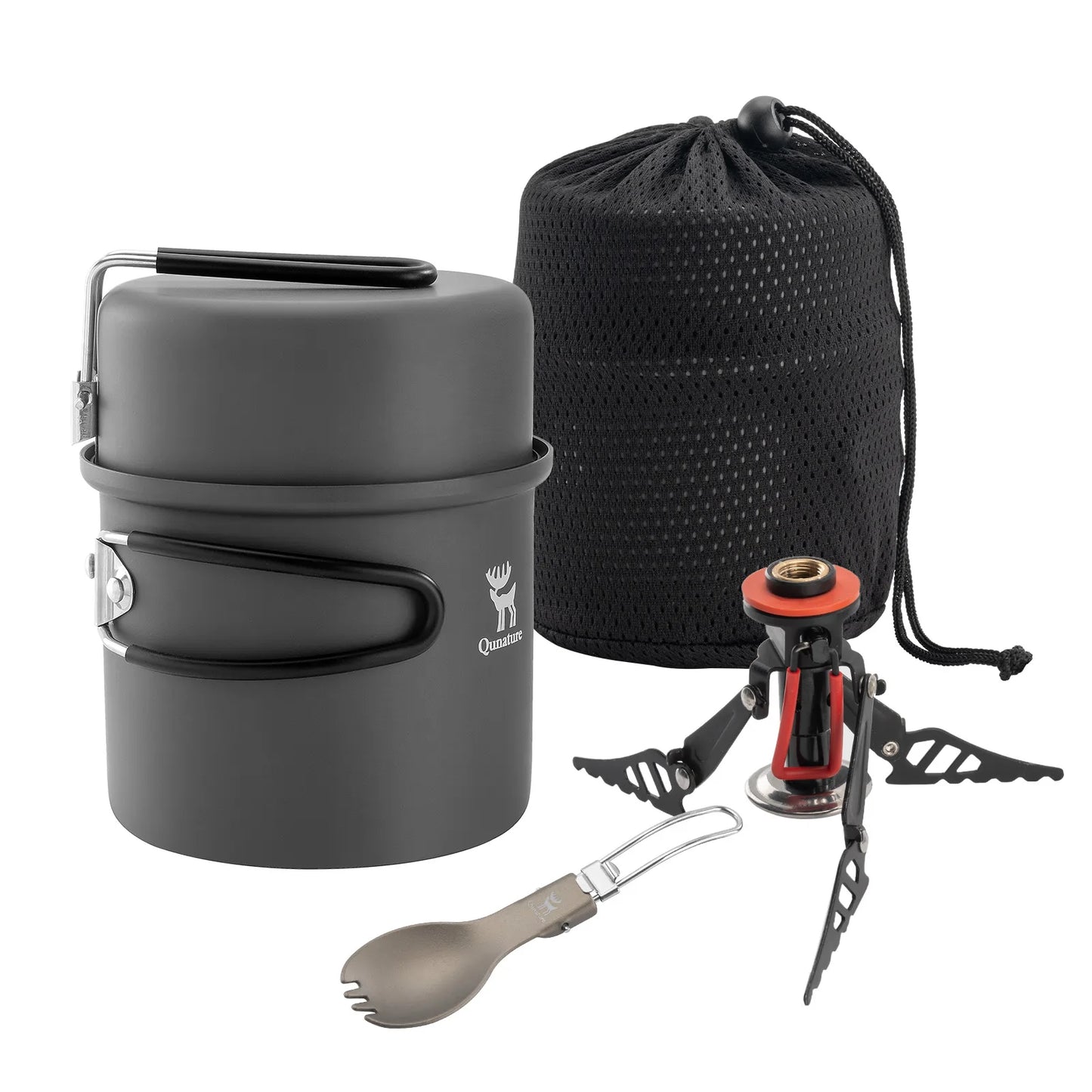 Camping cookware set with pot, spatula, and stove on a white background