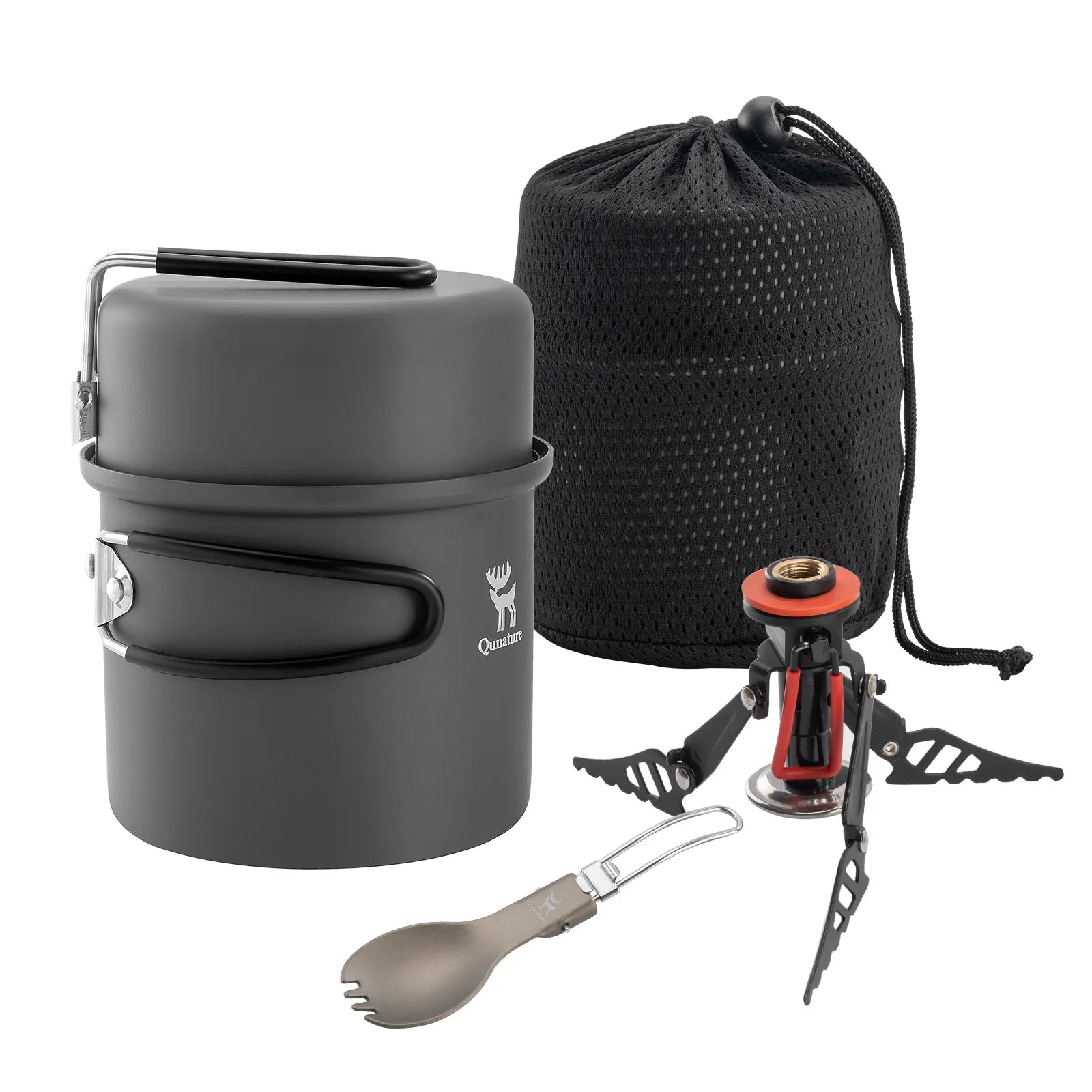 Camping cookware set with pot, spatula, and stove on a white background