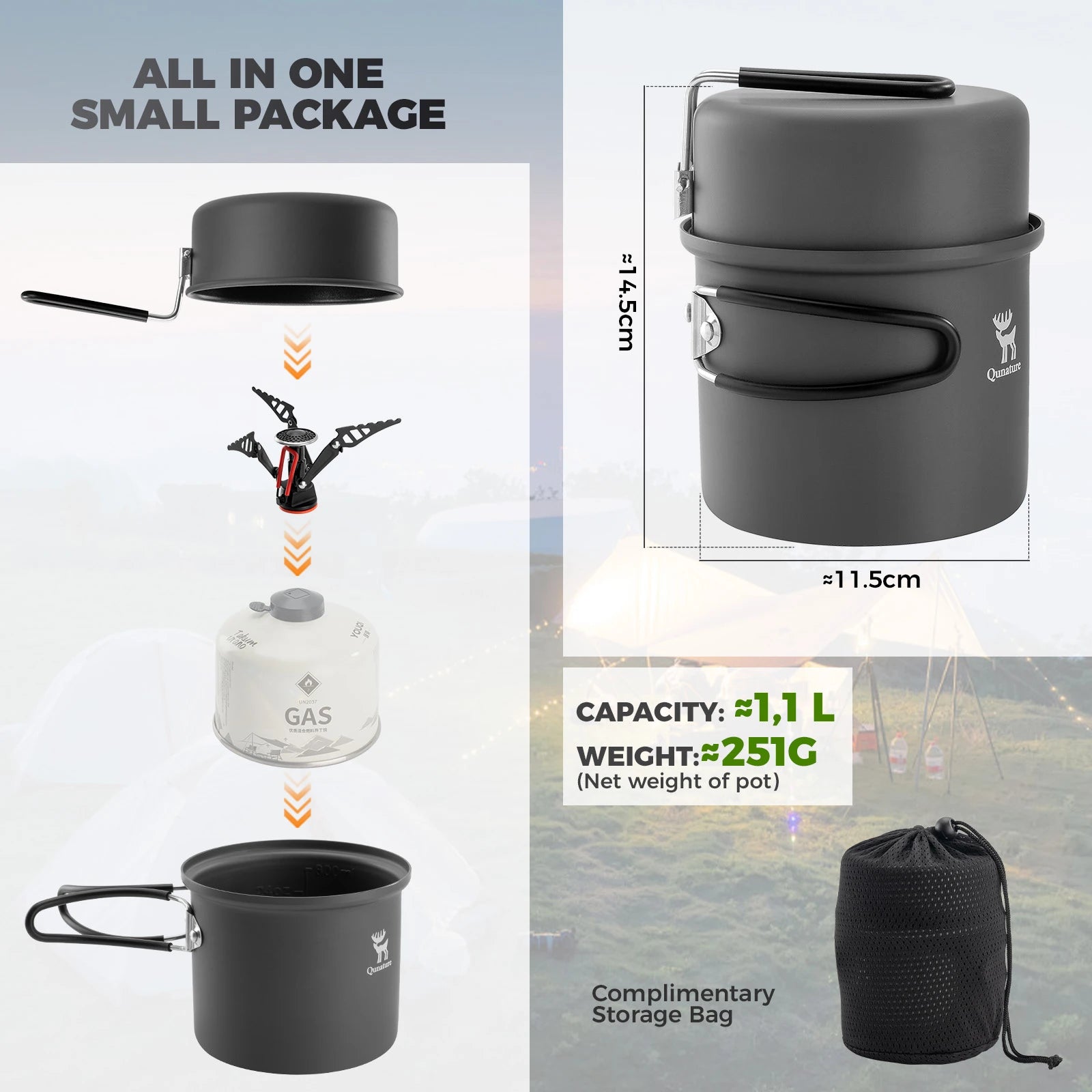 Cooking pot with accessories and storage bag on a white background
