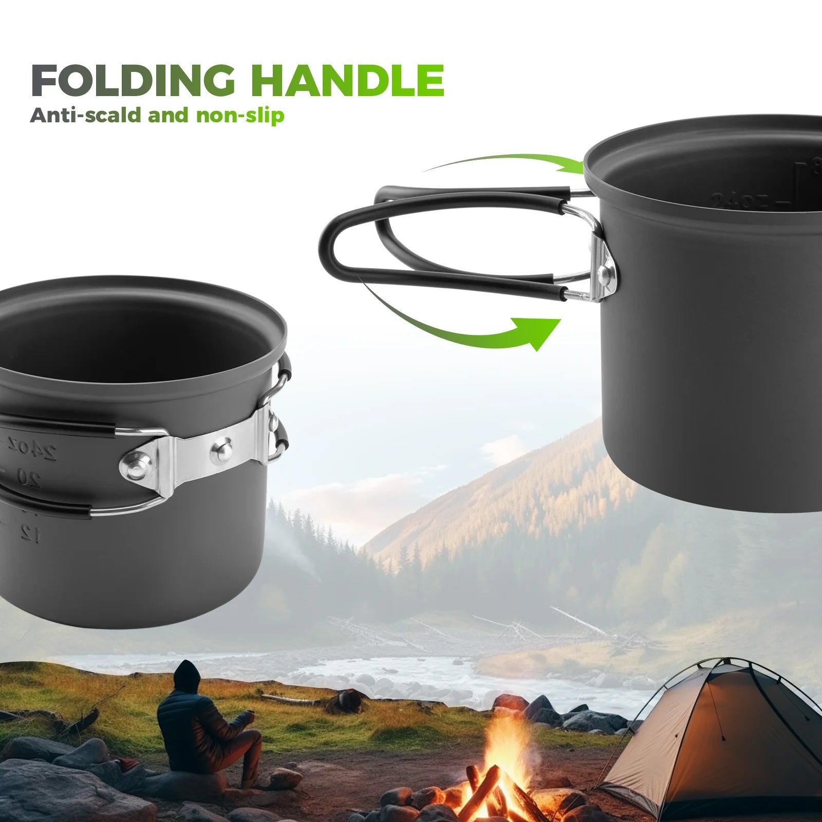 Camping pot with folding handle against a mountain backdrop