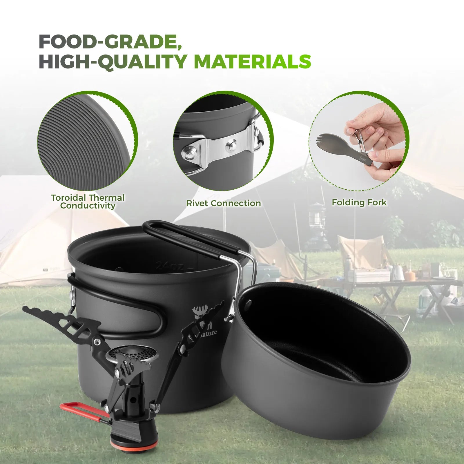 Camping cookware set with high-quality materials highlighted, set against a blurred outdoor background.