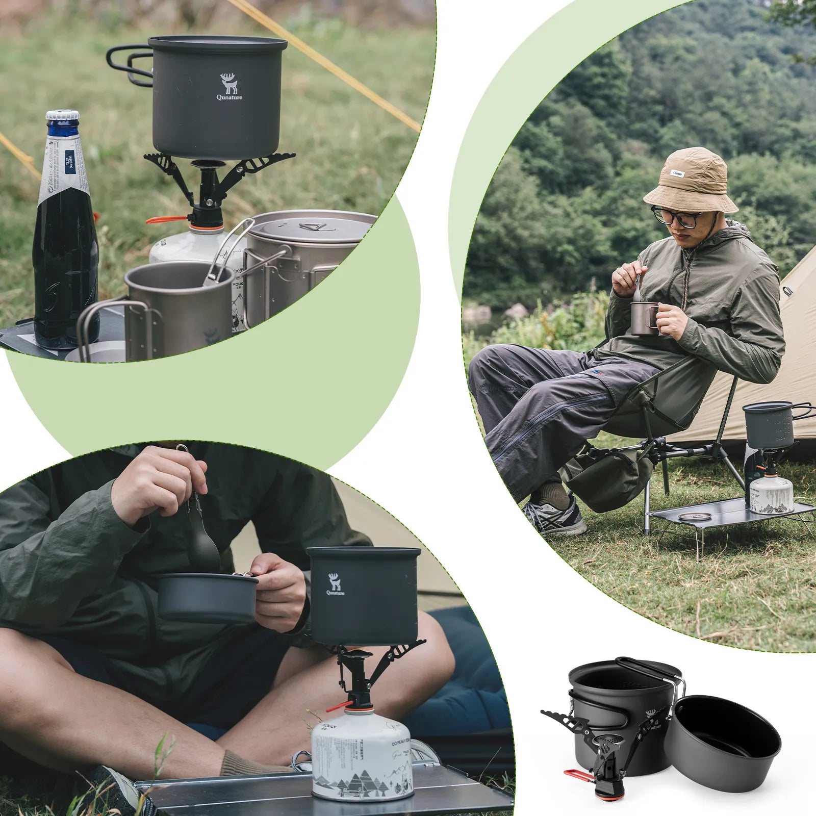 Collage of camping scenes with cooking equipment and a person enjoying outdoor activities.