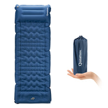A lightweight inflatable blue camping sleeping pad with built-in pillow