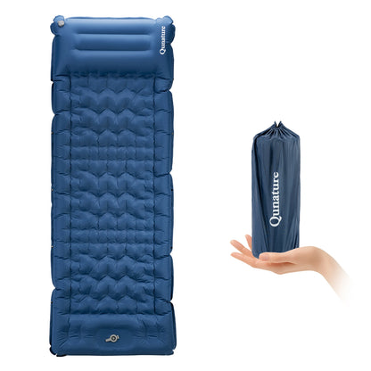 A lightweight inflatable blue camping sleeping pad with built-in pillow
