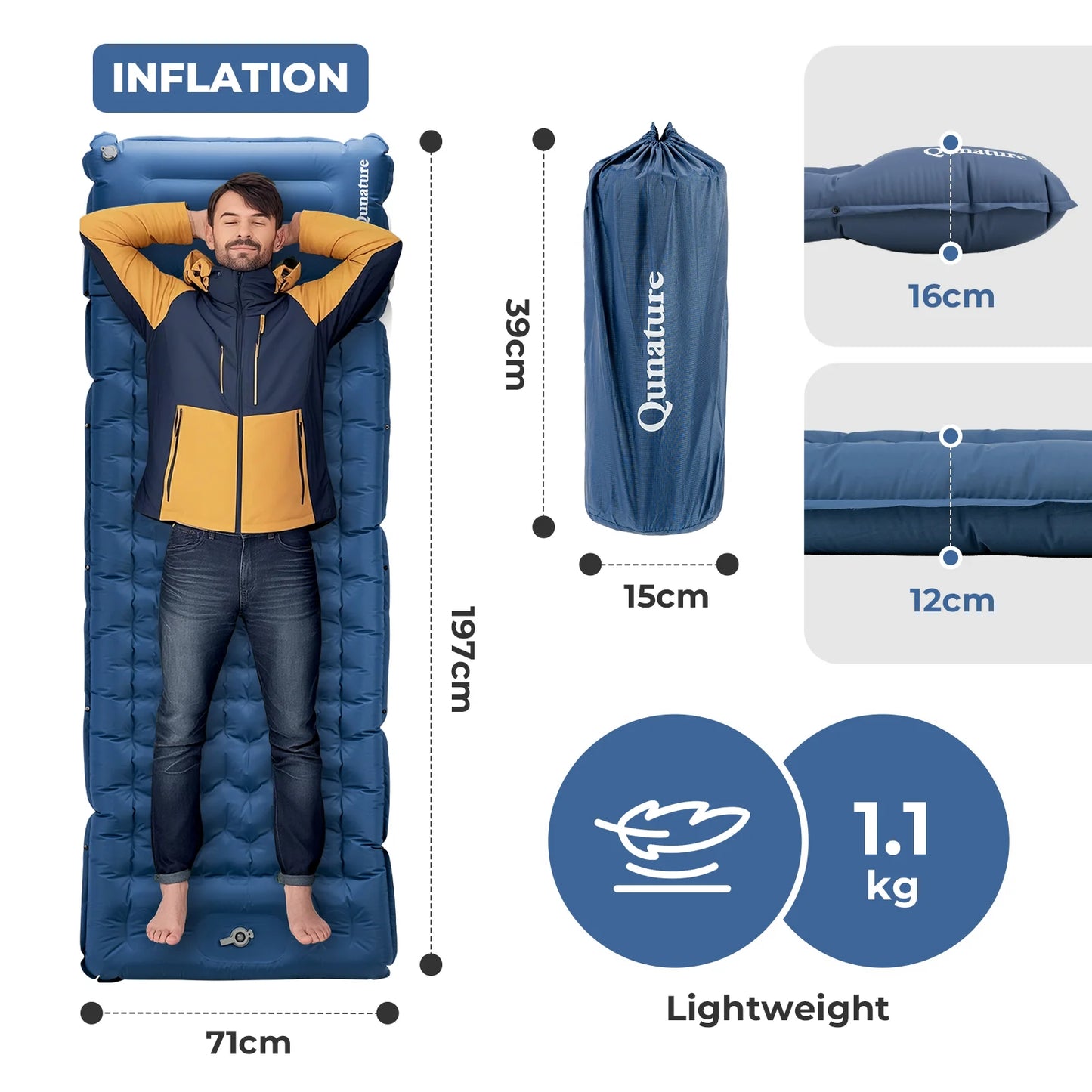 Inflatable sleeping pad with inflation instructions, dimensions, and weight displayed.
