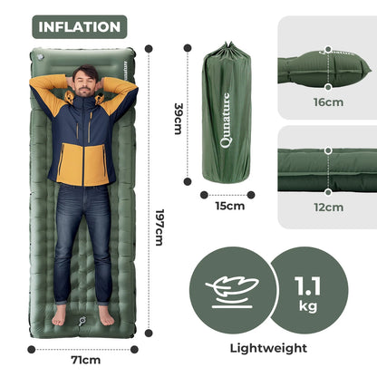 Inflatable sleeping pad with user, dimensions, and weight information on a white background