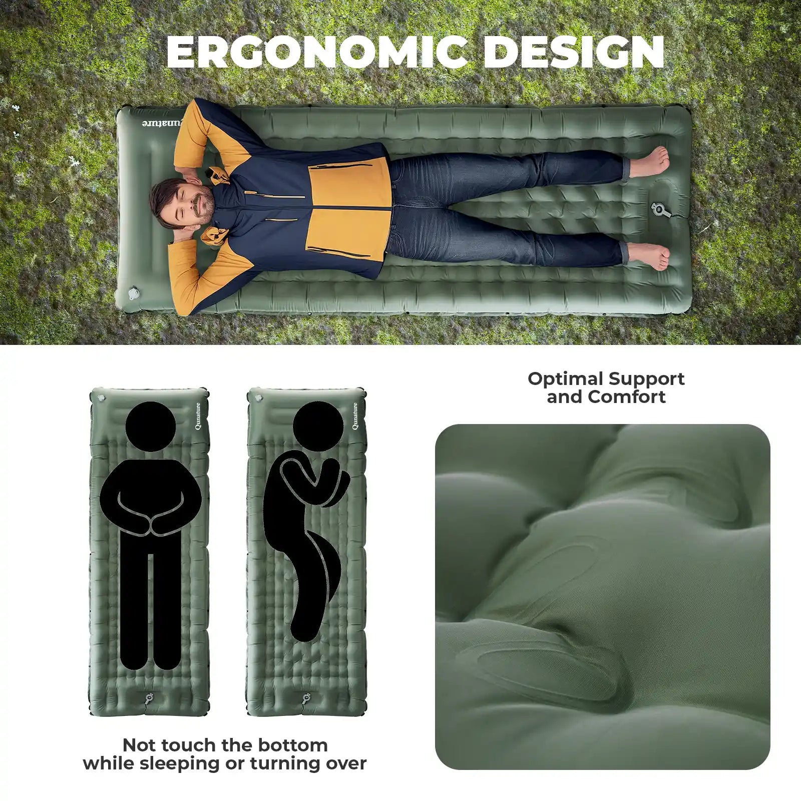 Person lying on an inflatable mattress with ergonomic design features highlighted.