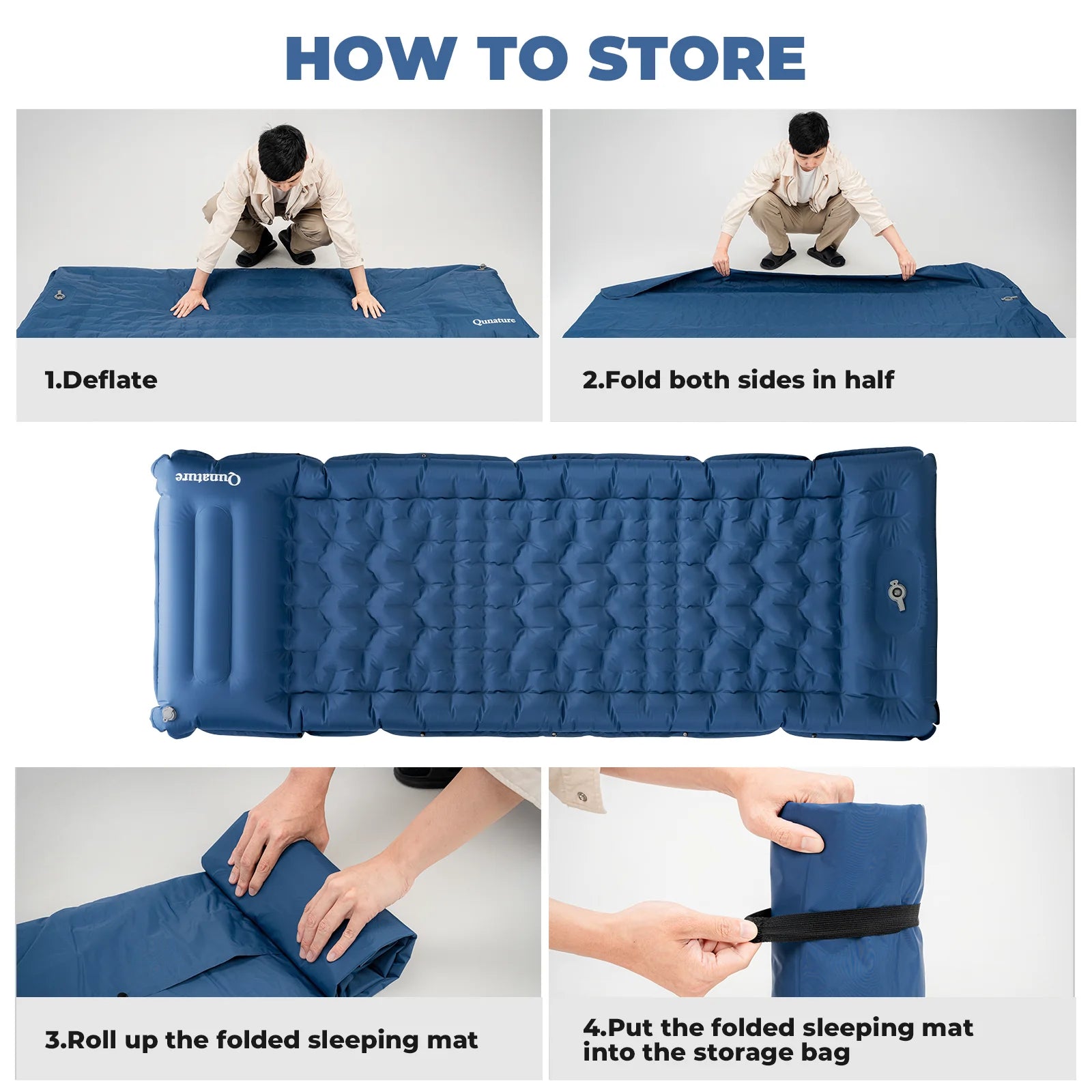 Instructions on how to store a blue inflatable sleeping mat with text overlay.