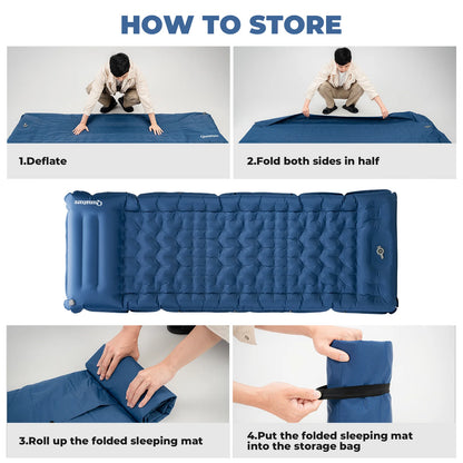 Instructions on how to store a blue inflatable sleeping mat with text overlay.