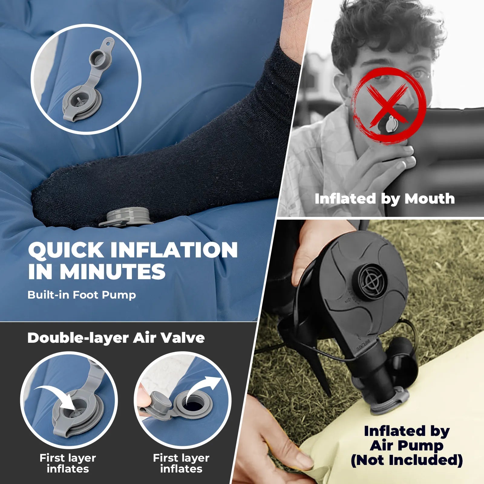 Inflatable mattress with built-in foot pump and double-layer air valve features, shown with text and images.