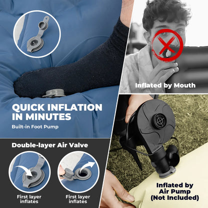 Inflatable mattress with built-in foot pump and double-layer air valve features, shown with text and images.