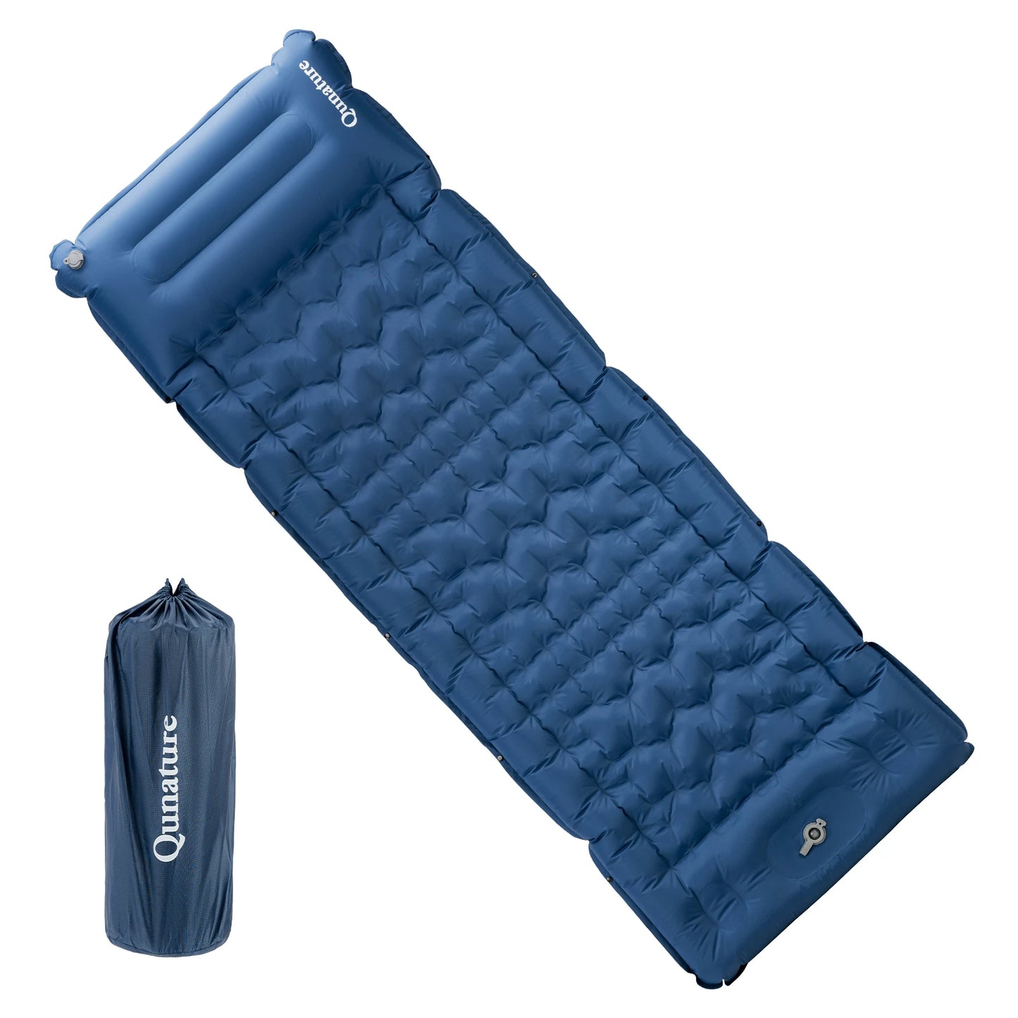 Blue inflatable sleeping pad with a carrying bag on a white background
