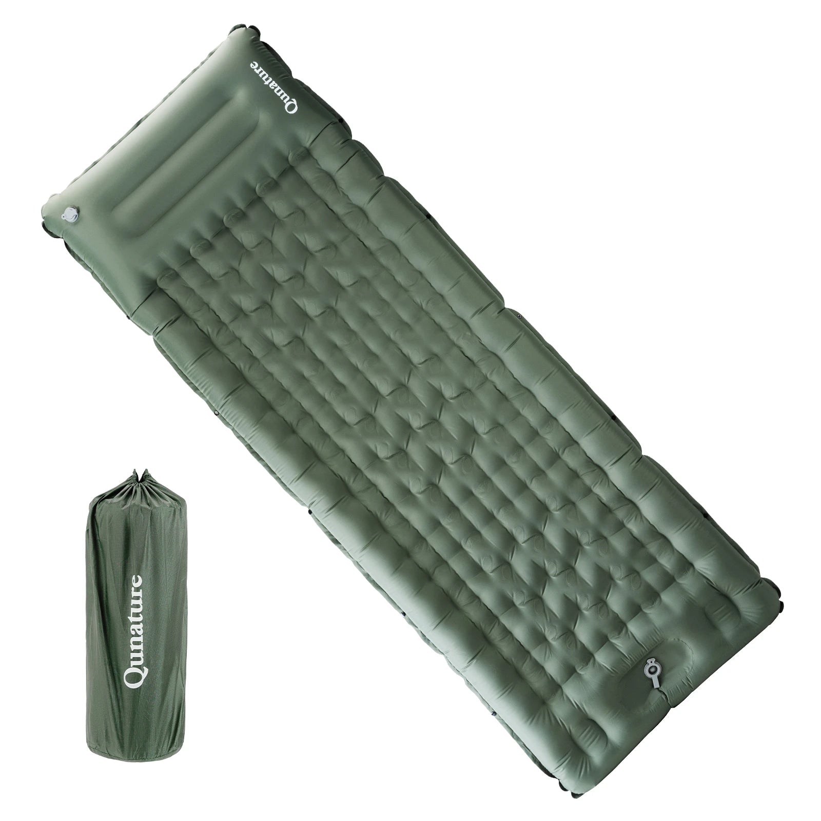 Green inflatable camping mattress with carrying bag on a white background