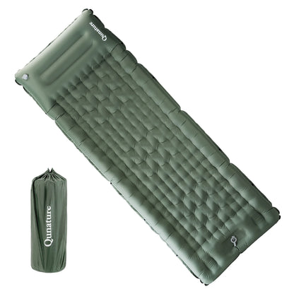 Green inflatable camping mattress with carrying bag on a white background