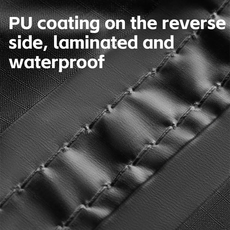 Text on PU coating on the reverse side, laminated and waterproof with a close-up of textured material.