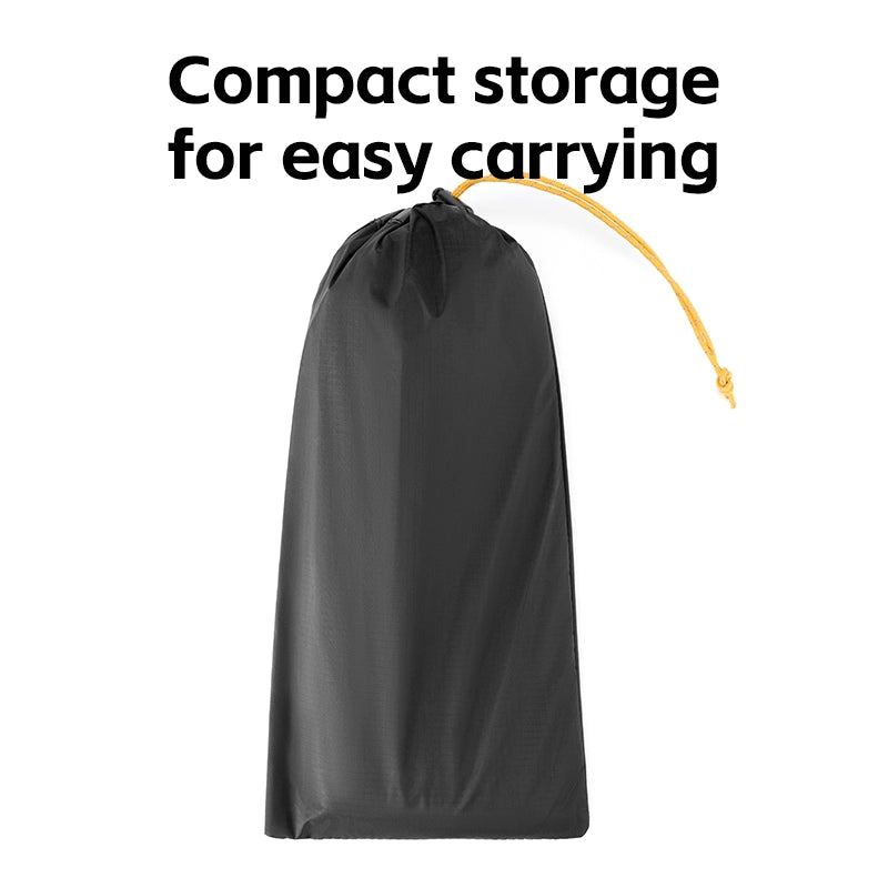 Black drawstring bag with yellow drawcord on a white background, text 'Compact storage for easy carrying'.