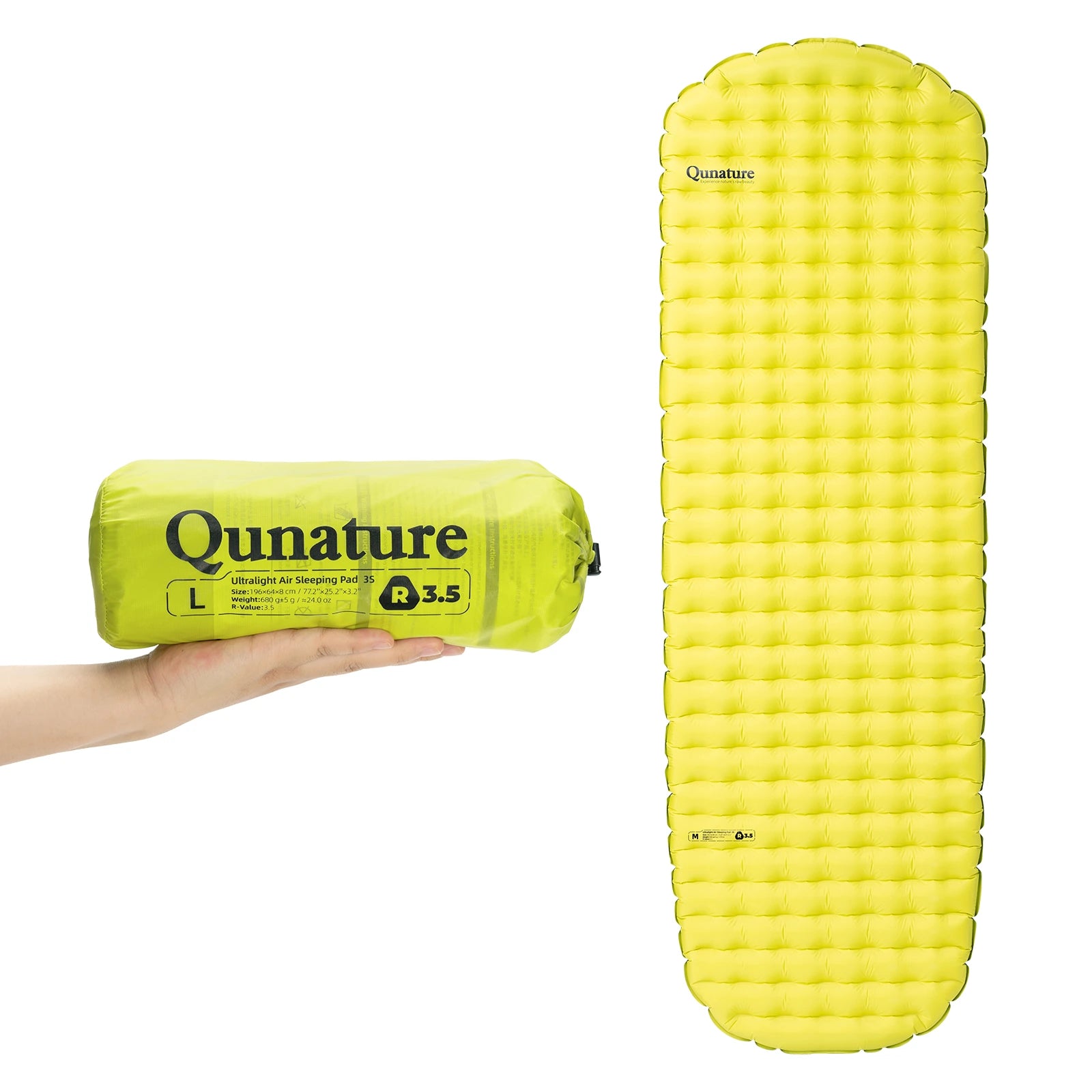 Yellow sleeping pad with rolled-up sleeping pad and 'Qunature' branding on a white background