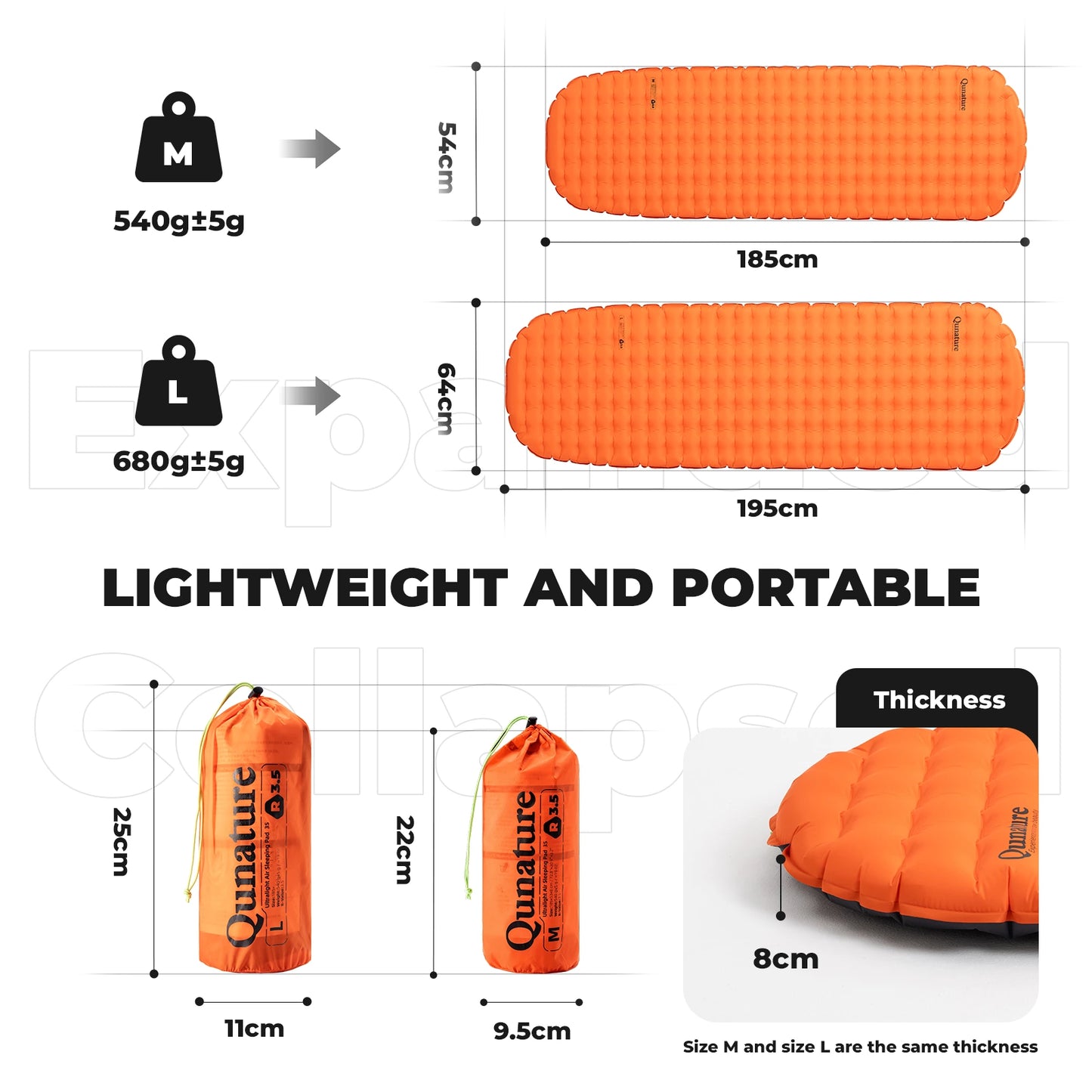 Orange inflatable sleeping pad with measurements and packaging details on a white background