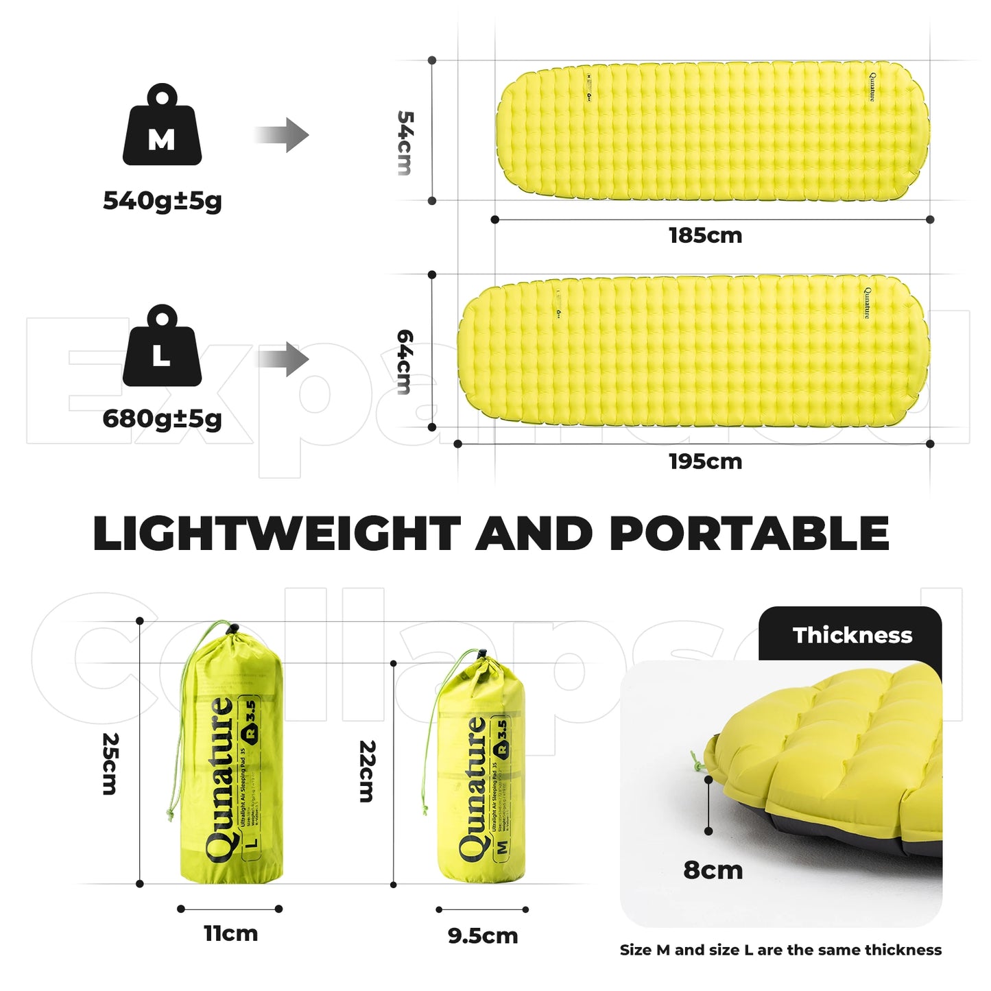 Yellow sleeping pad with measurements and packaging details on a white background