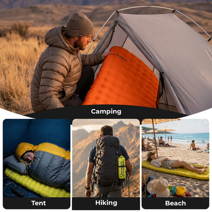 Person setting up a camping tent with an inflatable mattress, surrounded by outdoor activities.