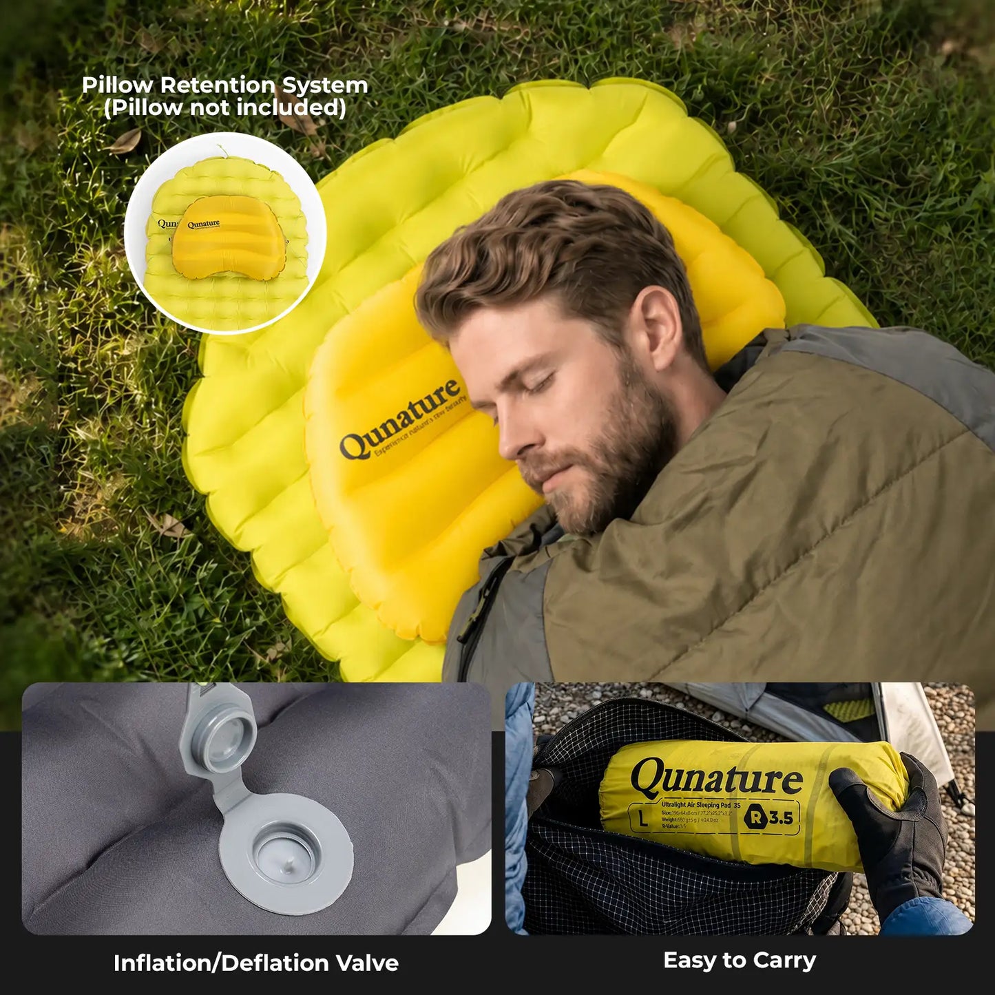 Man sleeping on a yellow inflatable pillow with Qunature branding, surrounded by grass.