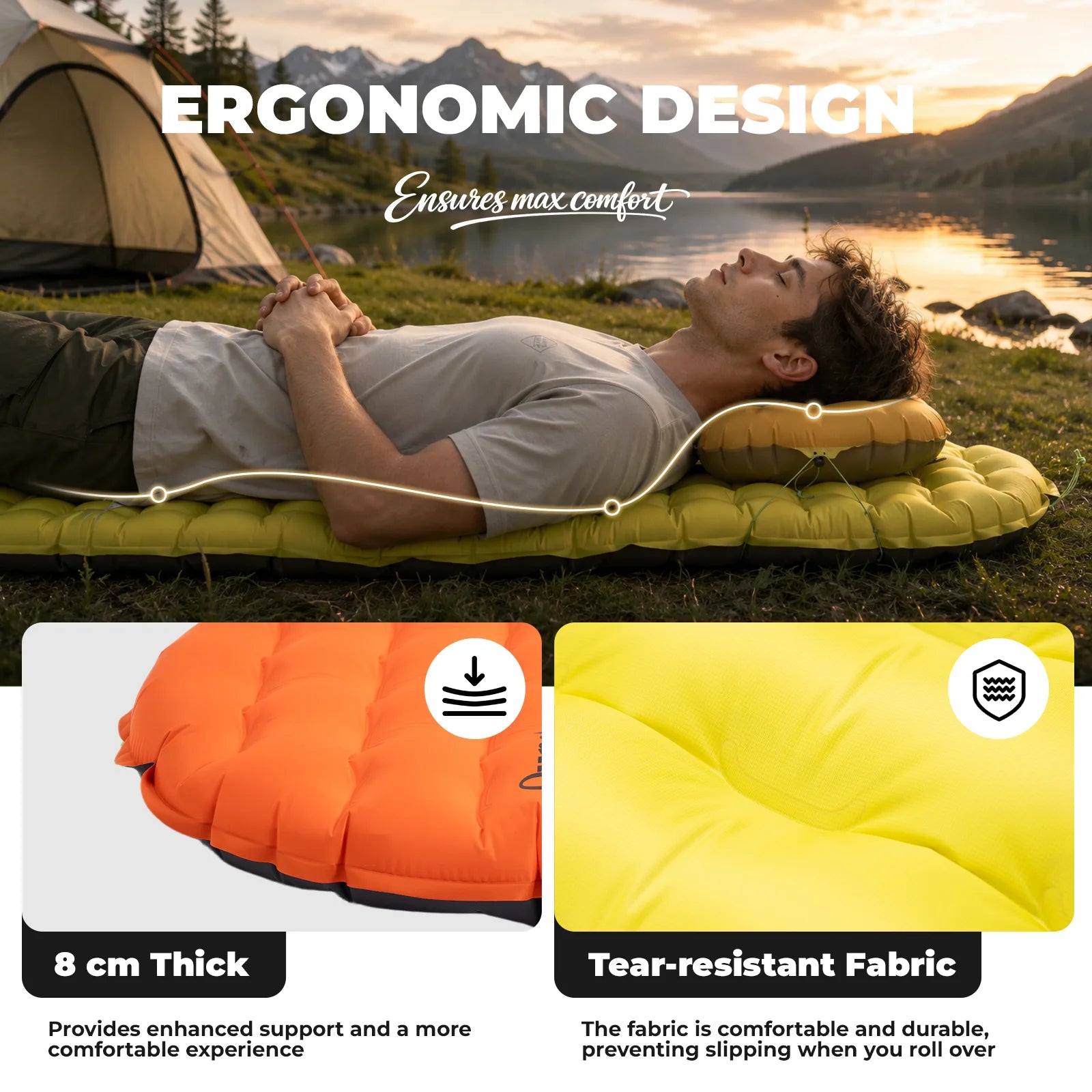 Person lying on a yellow sleeping pad with camping scene and product features displayed.